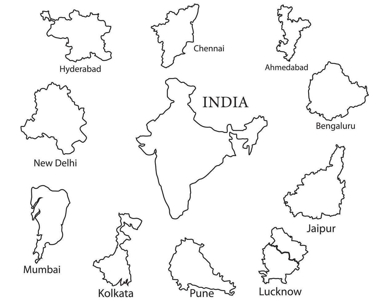 Silhouette map of India with outlines of major cities vector