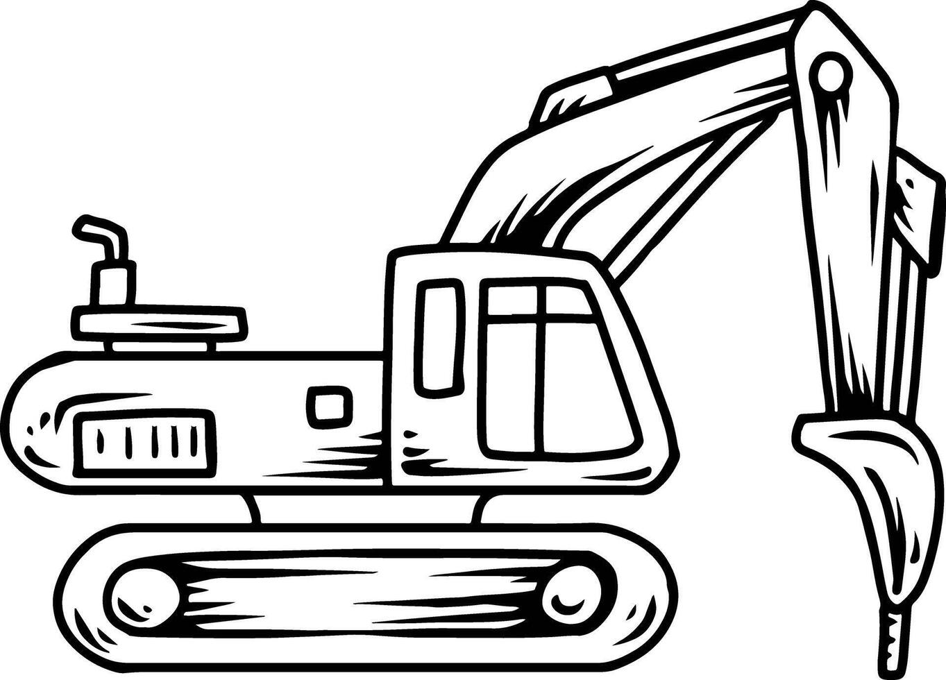 Black and white sketch of a crawler excavator with hydraulic arm vector