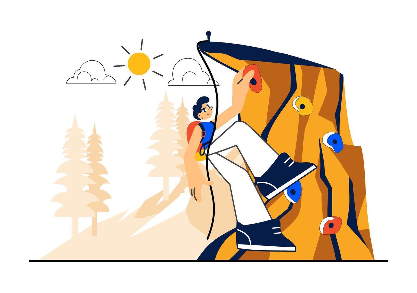 Flat Cartoon Background of a Rock Climber Reaching the Summit on a Steep Mountain Wall vector
