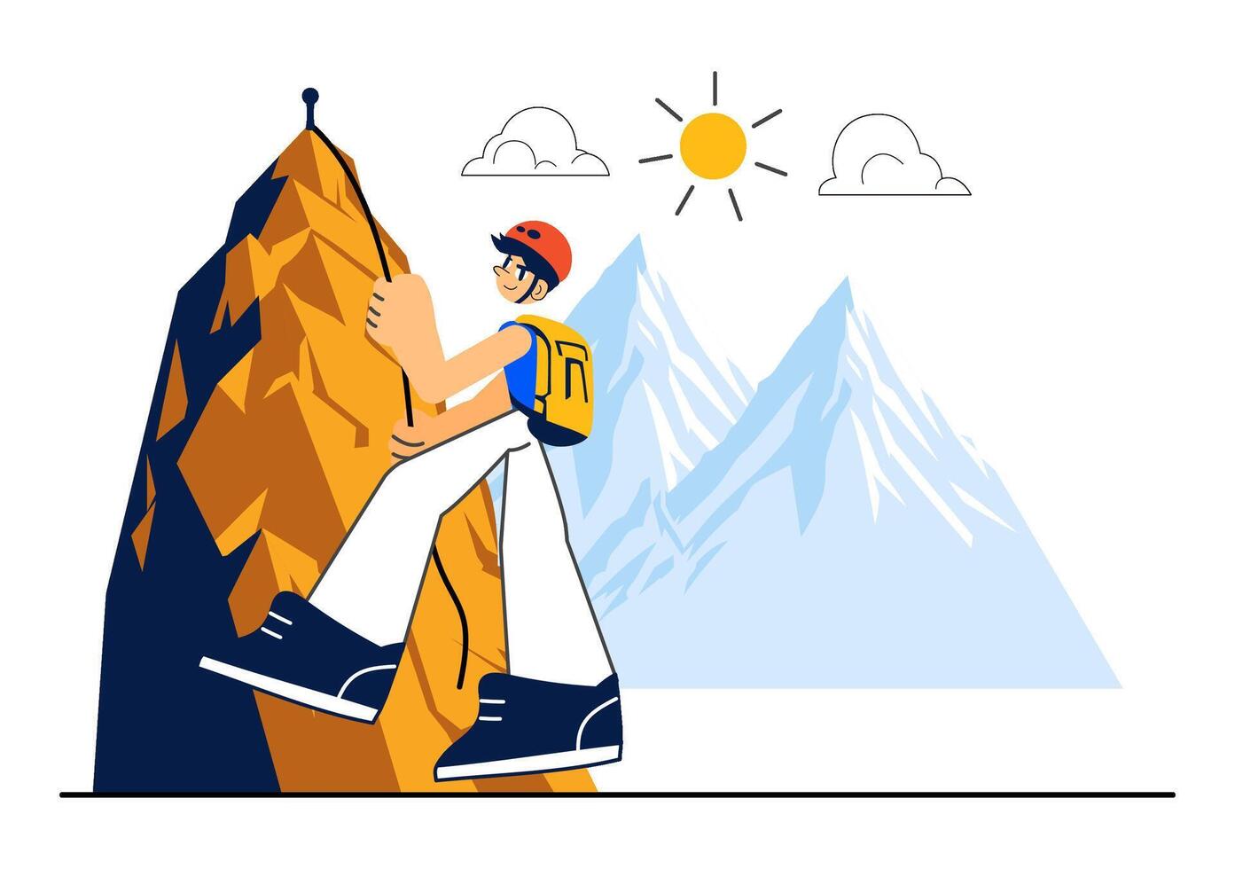 Extreme Sports Climber Ascending High Rock Wall Illustration in Flat Cartoon Style vector