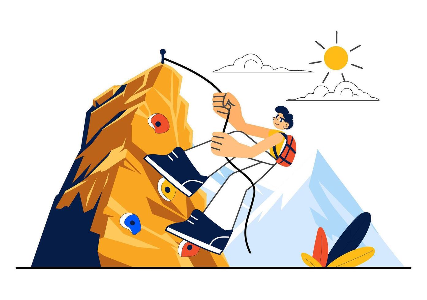 Extreme Rock Climbing Illustration with a Climber Scaling Mountain Cliffs in Flat Cartoon Style vector