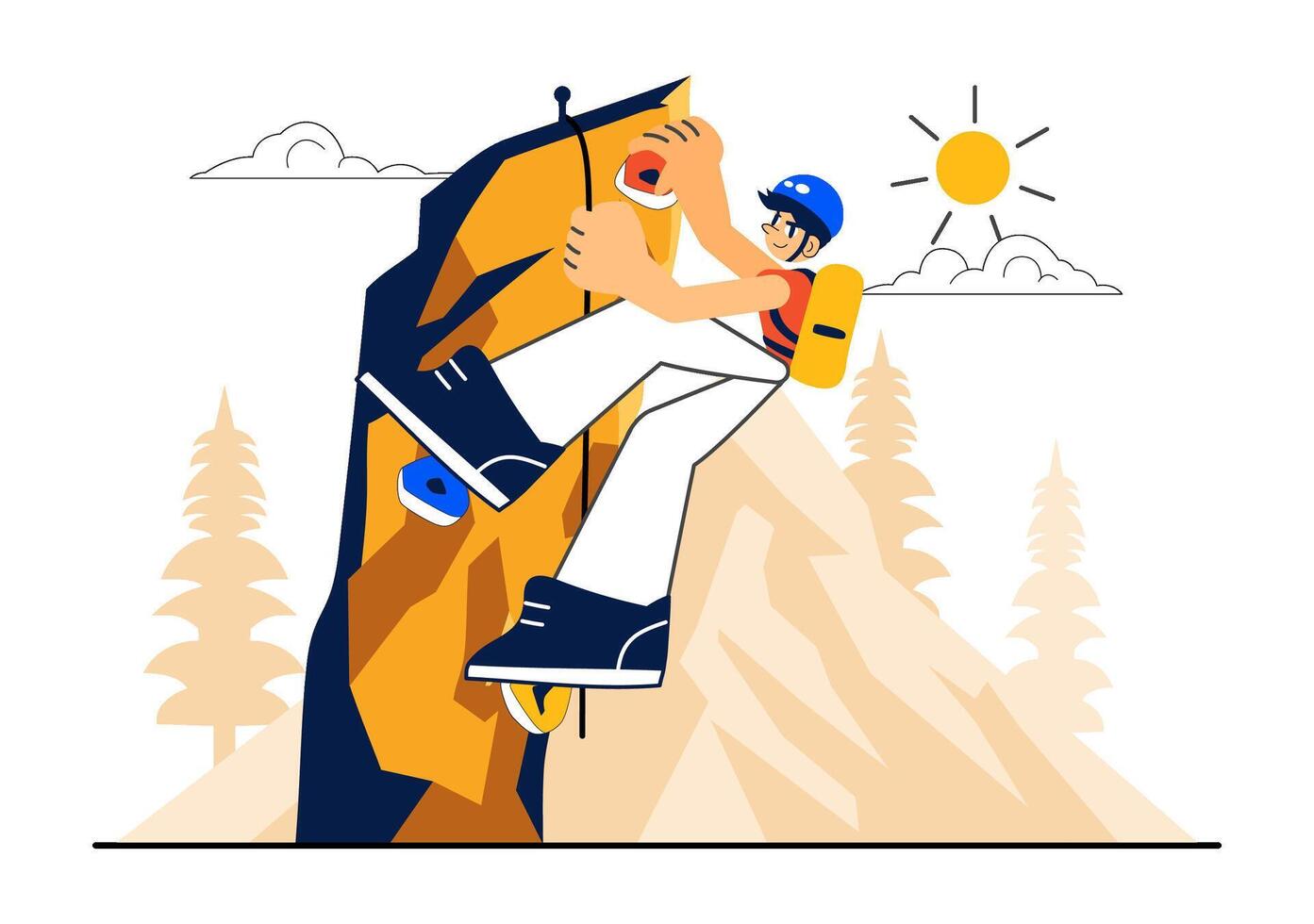 Flat Design Rock Climbing Scene with Athlete Climbing a Rock Face in Extreme Outdoor Adventure vector