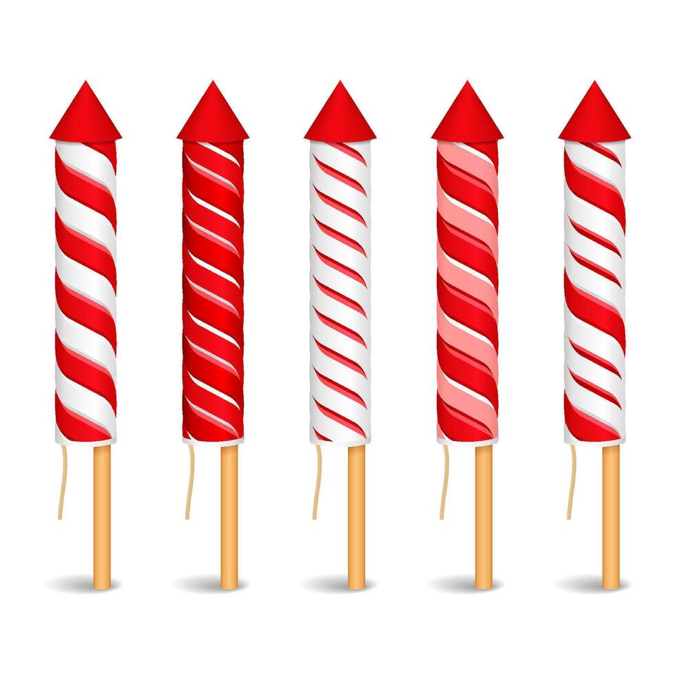 Red striped firework rockets on white background vector