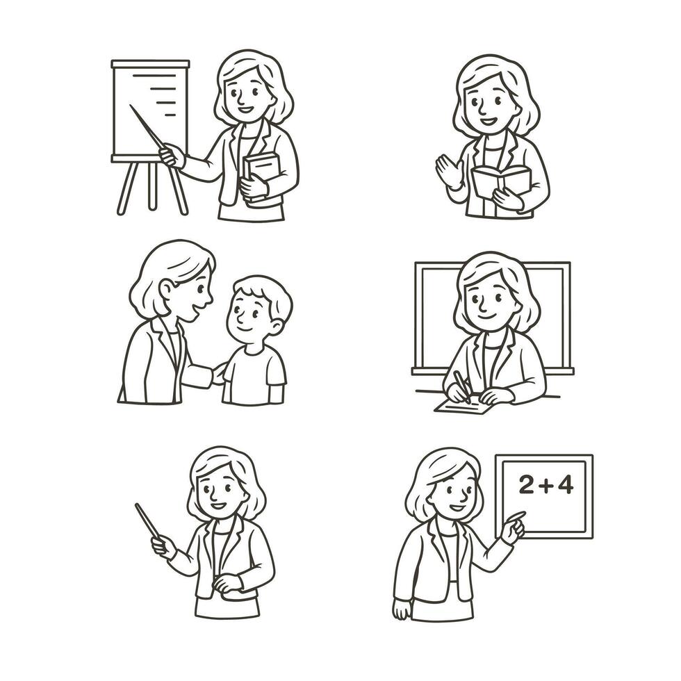 Hand drawn Teacher character set outline style vector