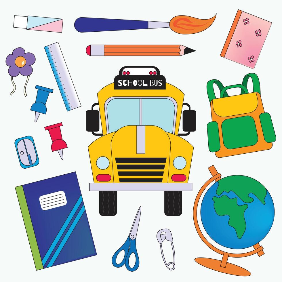 Back to school set with flat colorful icons of school bus, globe, backpack, stationery, and classroom tools. Perfect for educational posters, worksheets, websites, and childrens designs. vector