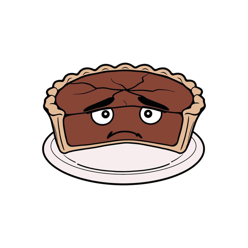 Sad chocolate pie character with a cracked top and worried facial expression a funny cartoon dessert illustration for expressing emotions vector