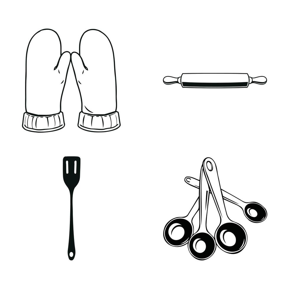 A collection of essential kitchen tools and baking equipment icons featuring oven mitts a rolling pin spatula and measuring spoons vector