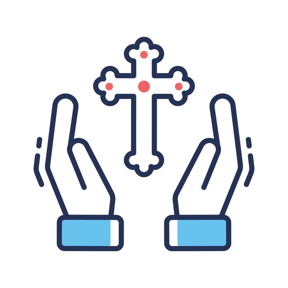 Hands with religious cross icon in flat outline style vector