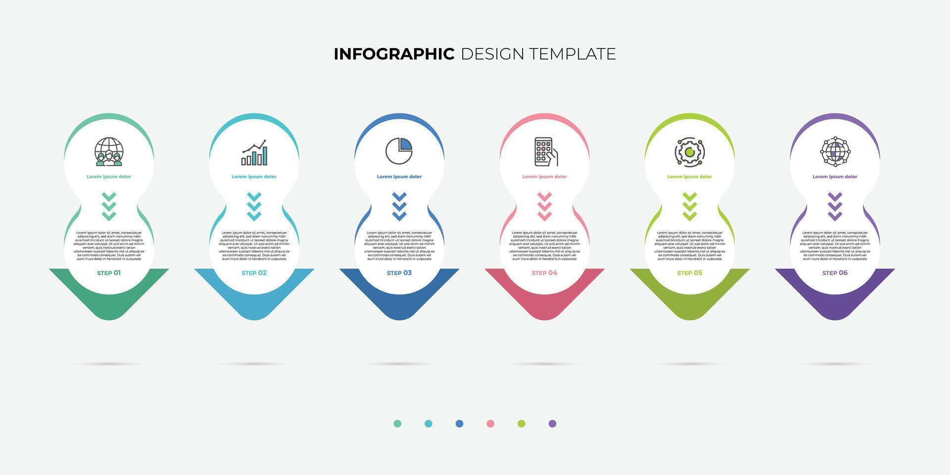 6 circle process infographic down arrows design template. Planning, Marketing, Strategy and Business presentation vector