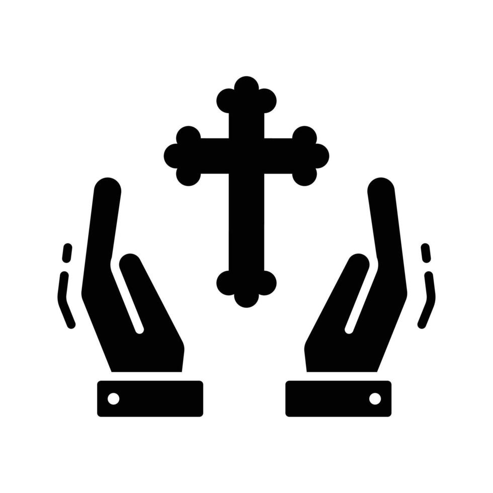 Hands with religious cross icon in glyph style vector