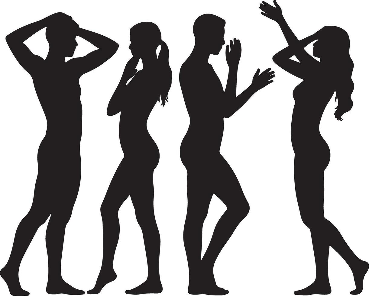 Four Black Silhouettes of People in Various Poses Barefoot on White Background Human Body Shapes Minimalist Style Silhouette Illustration vector