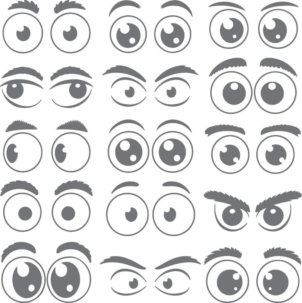 Collection of Cartoon Eyes and Eyebrows Gray Scale Silhouette Illustrations Various Expressions Set of Googly Eyes for Animation Design Projects vector