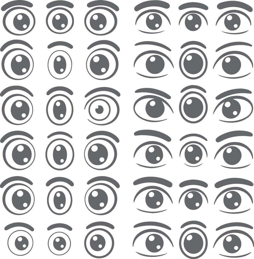 Collection of Gray Cartoon Eyes Illustrations Various Styles Eyebrow Shapes Pupil Sizes Simple Designs Silhouette Eye Icons Set vector