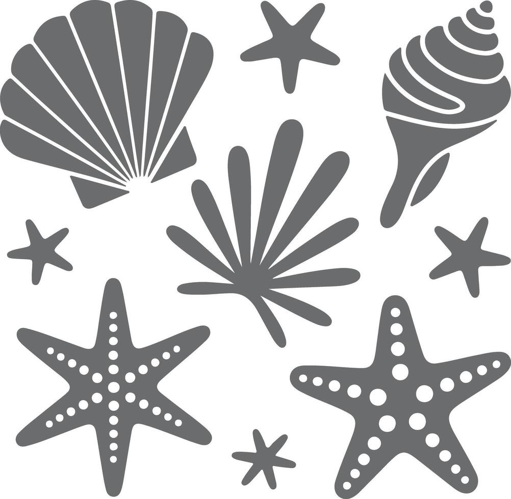 Gray Seashell and Starfish Silhouette Collection Simple Ocean Life Design Elements for Summer Beach Theme Decor vector