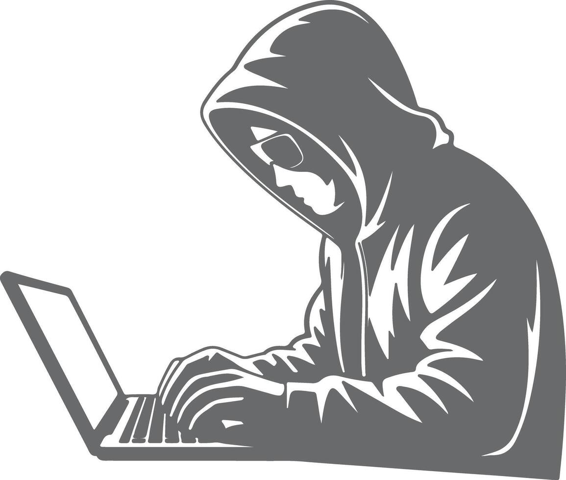 Gray Silhouette of Hooded Person Using Laptop Computer Digital Technology Hacker Anonymous Identity Internet Security vector