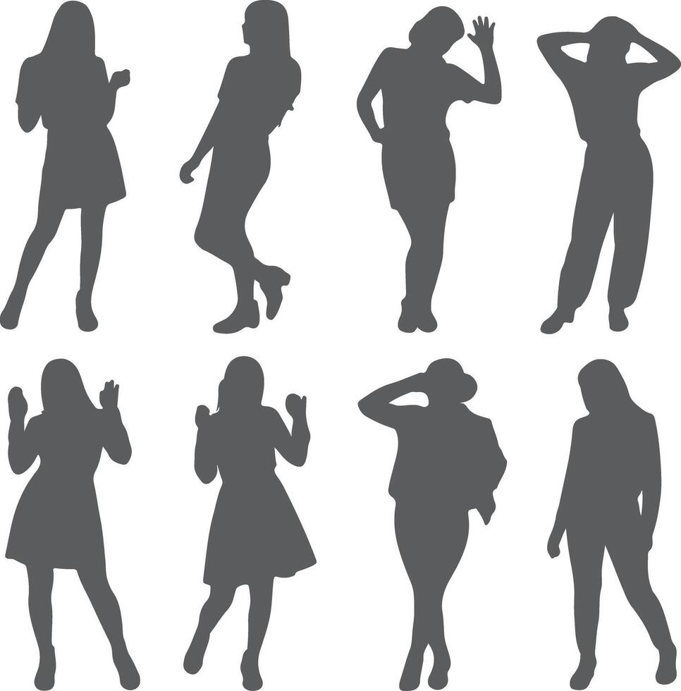 Eight Grey Female Silhouettes Diverse Poses Women Figures Stylish Gray Color Palette Simple Minimalist Design Style Illustration vector