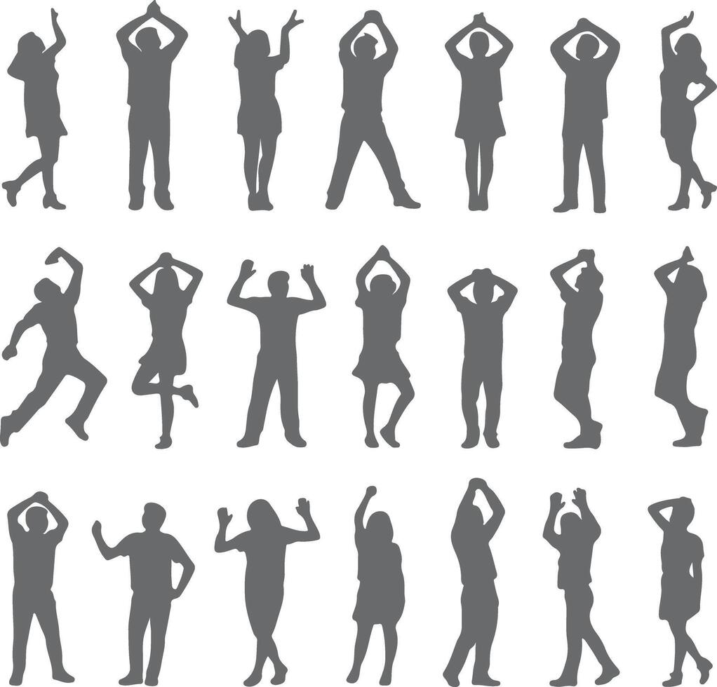 Grey Silhouette Collection Diverse Poses People Dancing Jumping Arms Raised Up Joyful Energetic Movement Set vector