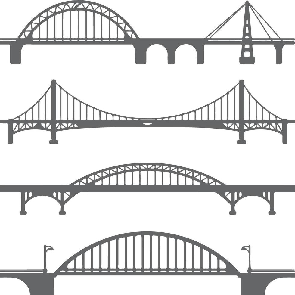 Four Gray Silhouette Bridge Designs Arch Suspension Cable Stay and Steel Truss Structures Architectural Illustrations vector