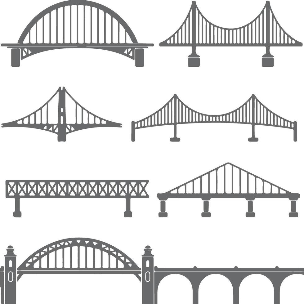 Gray Scale Silhouette Collection of Various Bridge Types Arch Suspension Truss and Beam Bridges Engineering Infrastructure Designs vector