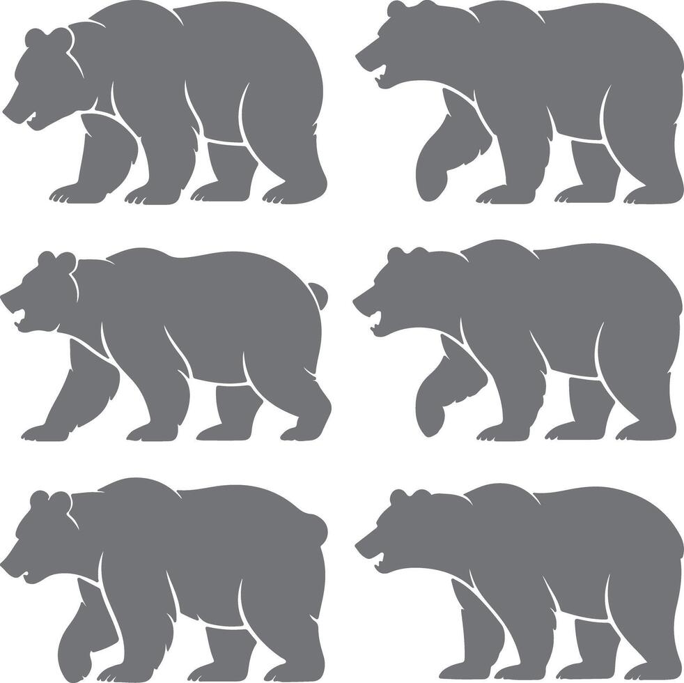 Six Gray Bear Silhouettes Walking in Different Directions Side Profile Views Wildlife Animal Graphic Design Elements vector
