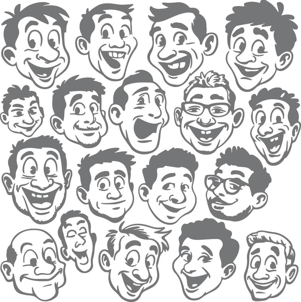Collection of Gray Scale Cartoon Men Faces Happy Expressions Silhouette Style Diverse Hairstyles vector