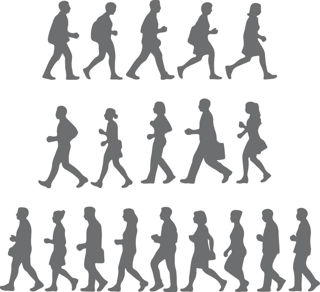 Grey Silhouette People Walking in Sequence Multiple Rows Side Profile View Walking Animation vector