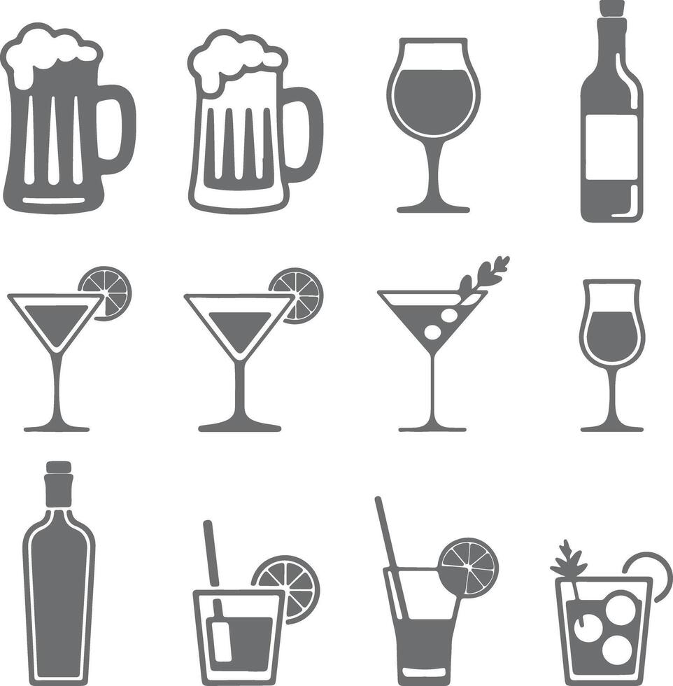 Gray Silhouette Icons of Various Alcoholic Beverages Beer Wine Cocktails Martini Glass Liquor Bottle Drink Menu Graphic Design Elements vector