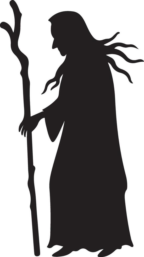 Silhouette illustration of a witch with a staff in a flowing robe for halloween vector