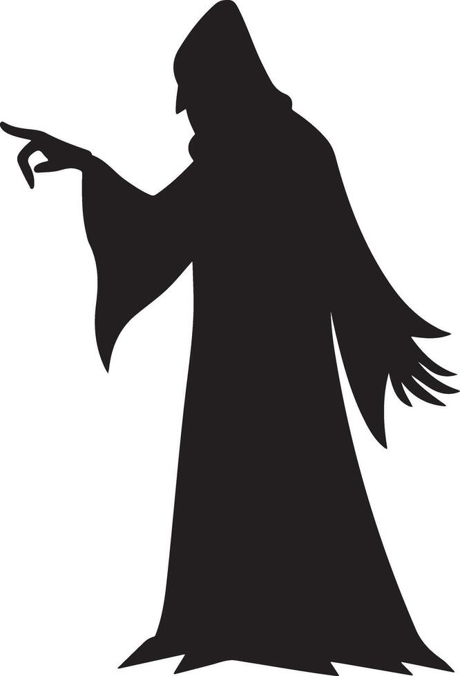 Silhouette of a hooded figure pointing a finger in a mysterious and dramatic pose vector