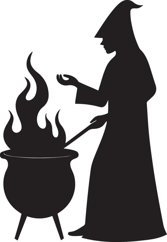 Silhouette of a witch with a cauldron and flames brewing a magic potion illustration vector