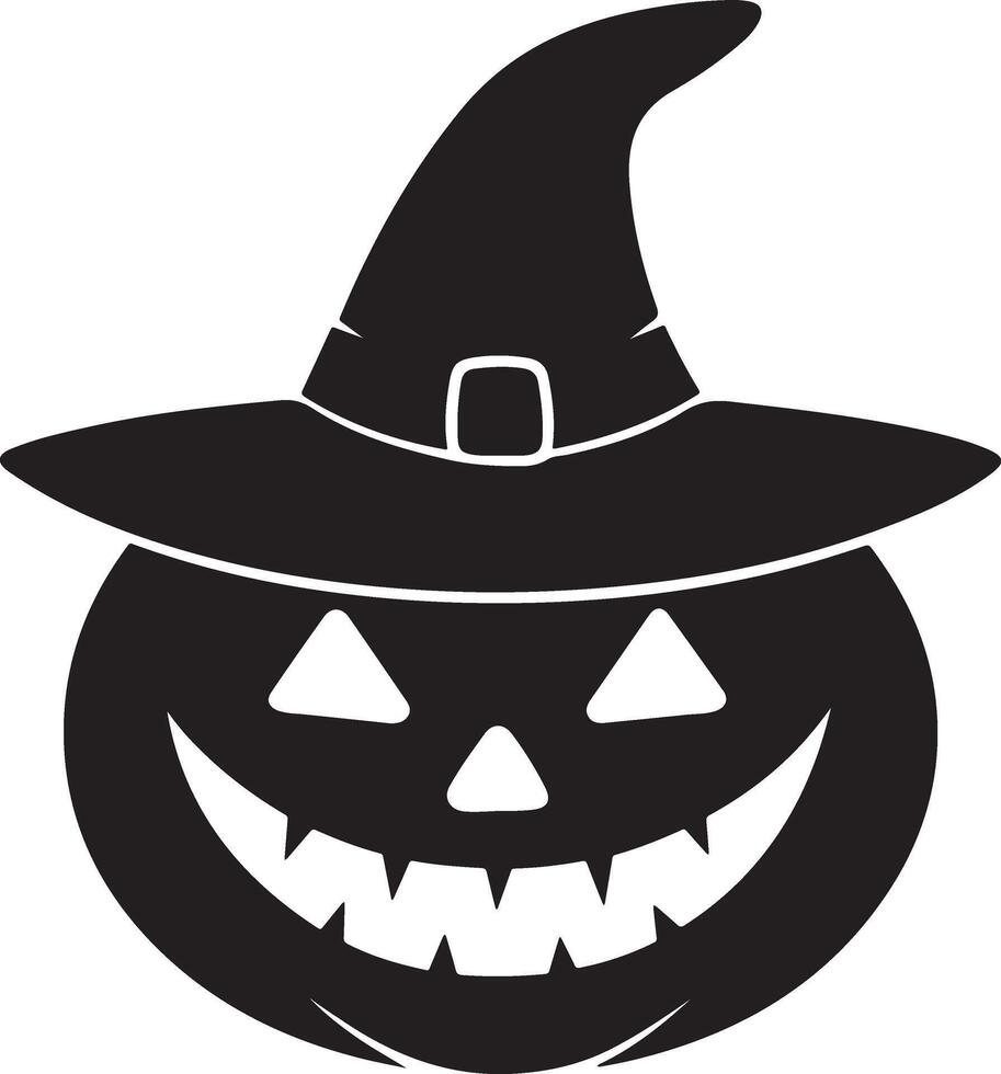 Black and white halloween pumpkin head wearing a witch's hat for spooky season vector