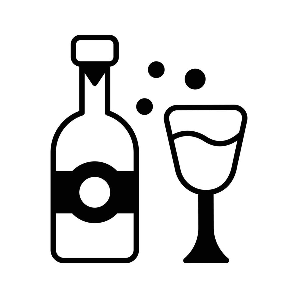 A glyph icon denoting wine bottle with a flute glass. vector