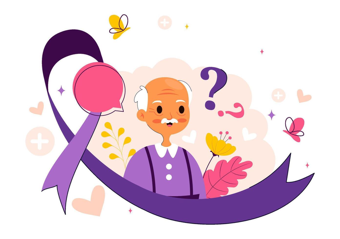 Flat Cartoon Background for Alzheimer's Day Featuring Brain Puzzle and Older Person vector