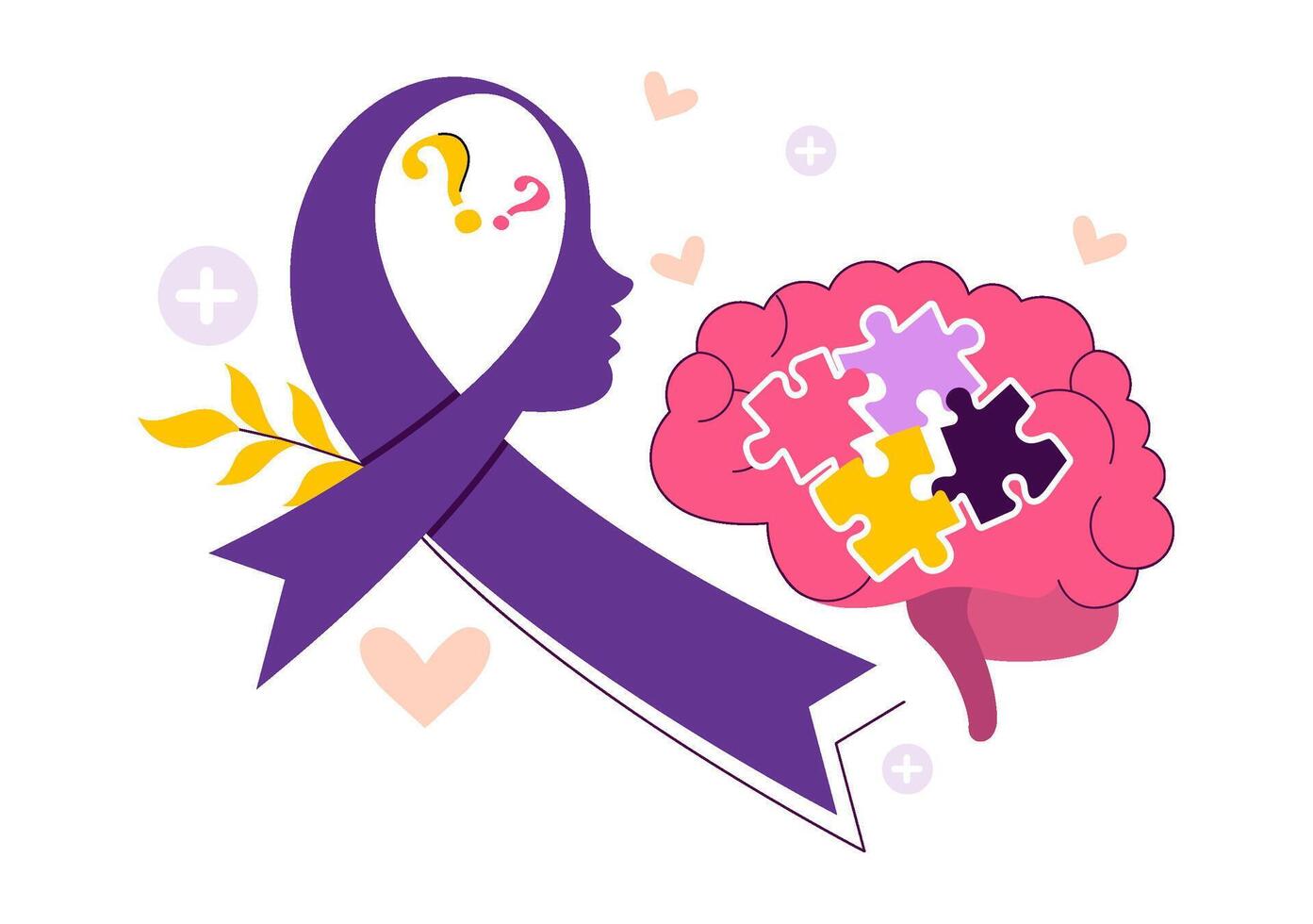 Illustration for World Alzheimer's Day with Elderly Person, Brain Puzzle, and Purple Awareness Ribbon vector
