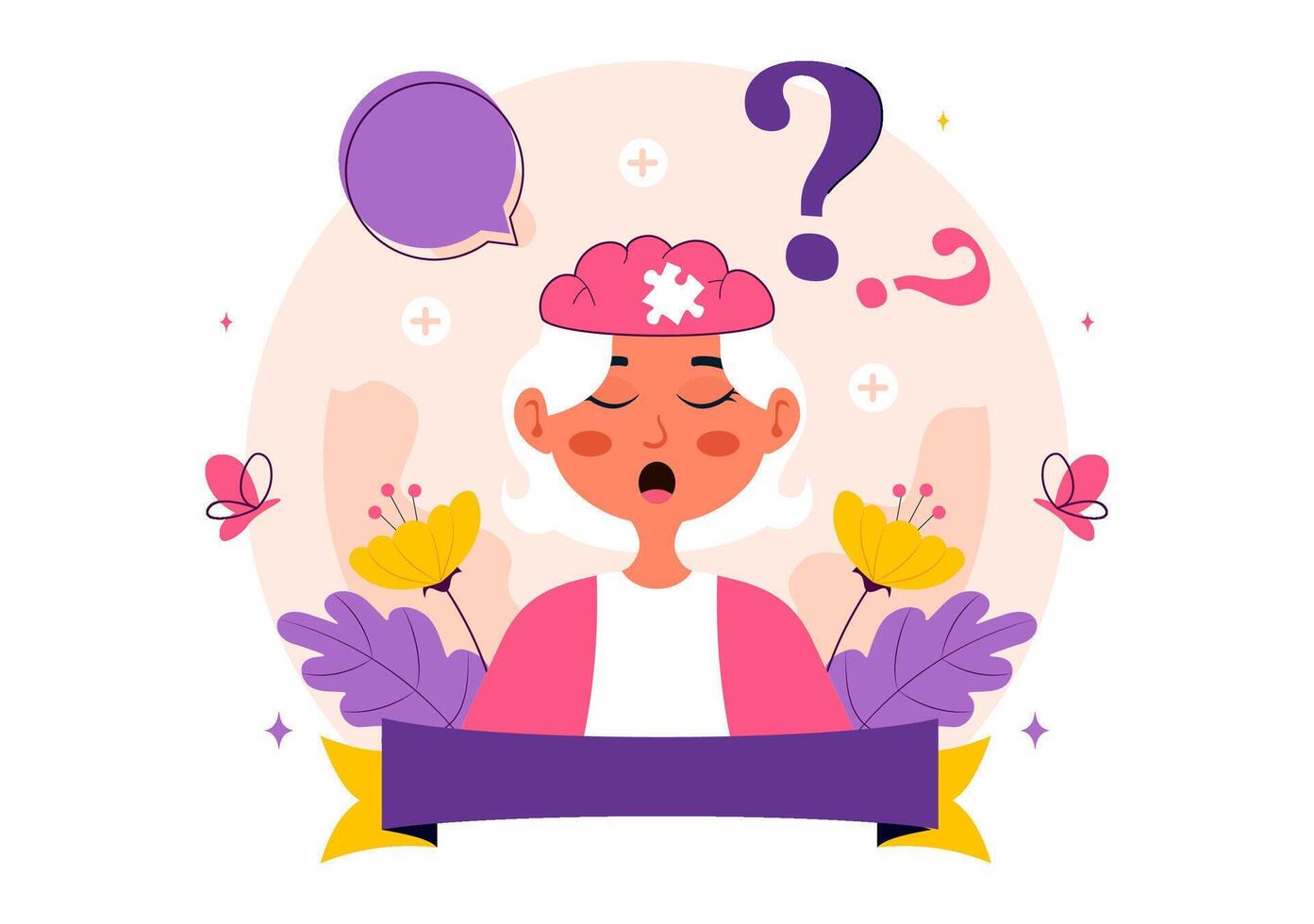 Illustration of Alzheimer's Day Featuring Elder and Puzzle Pieces on Purple Awareness Theme vector