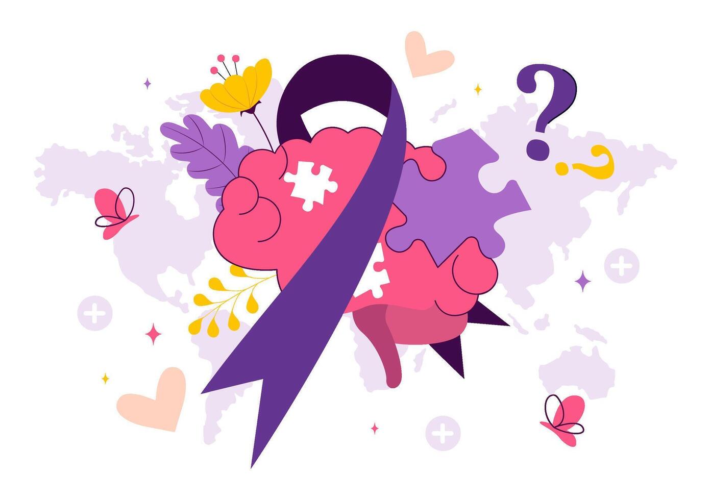 Awareness Illustration for Alzheimer's Day Featuring Jigsaw Brain and Old Person on Purple Background vector