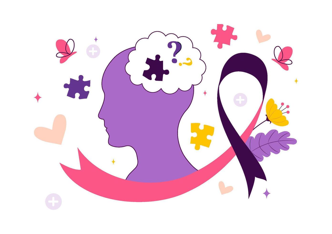 World Alzheimer's Awareness with Brain Puzzle Symbol and Elderly in Flat Cartoon Scene vector