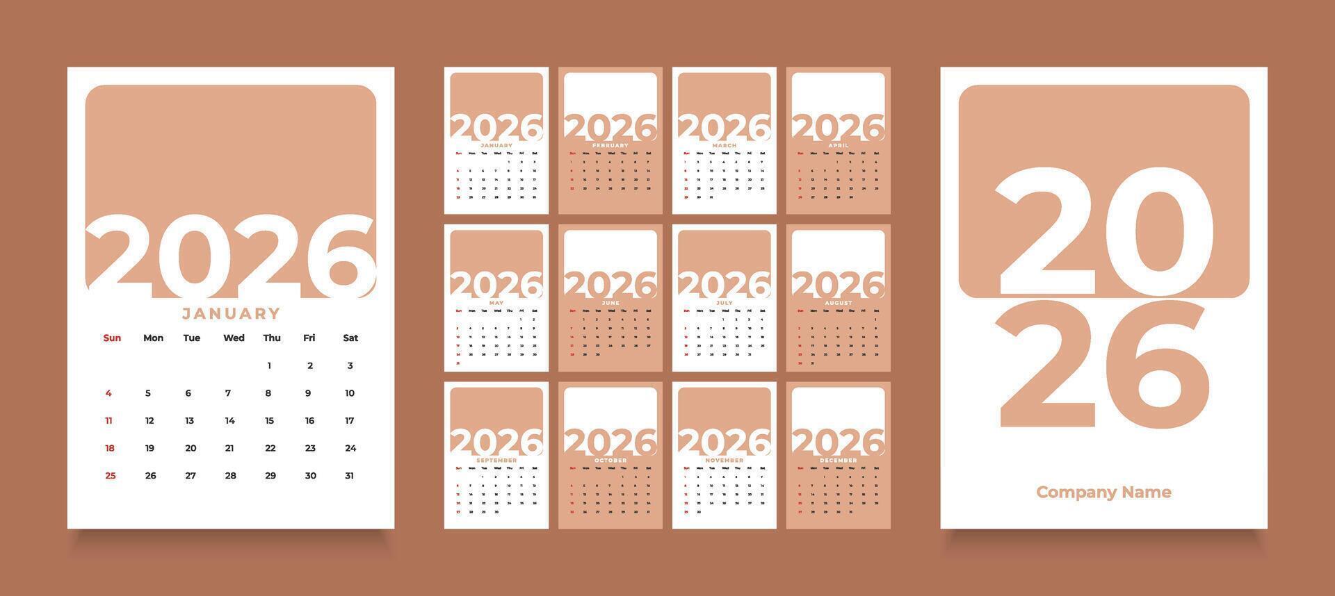 2026 monthly calendar layout with a clean diary planner format. Each month starts on Sunday, ideal for organizing schedules, events, and appointments vector