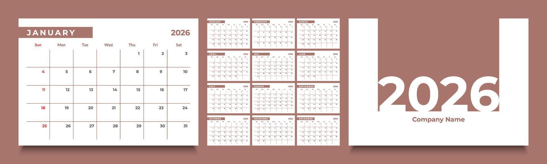 2026 monthly calendar layout with a clean diary planner format. Each month starts on Sunday, vector