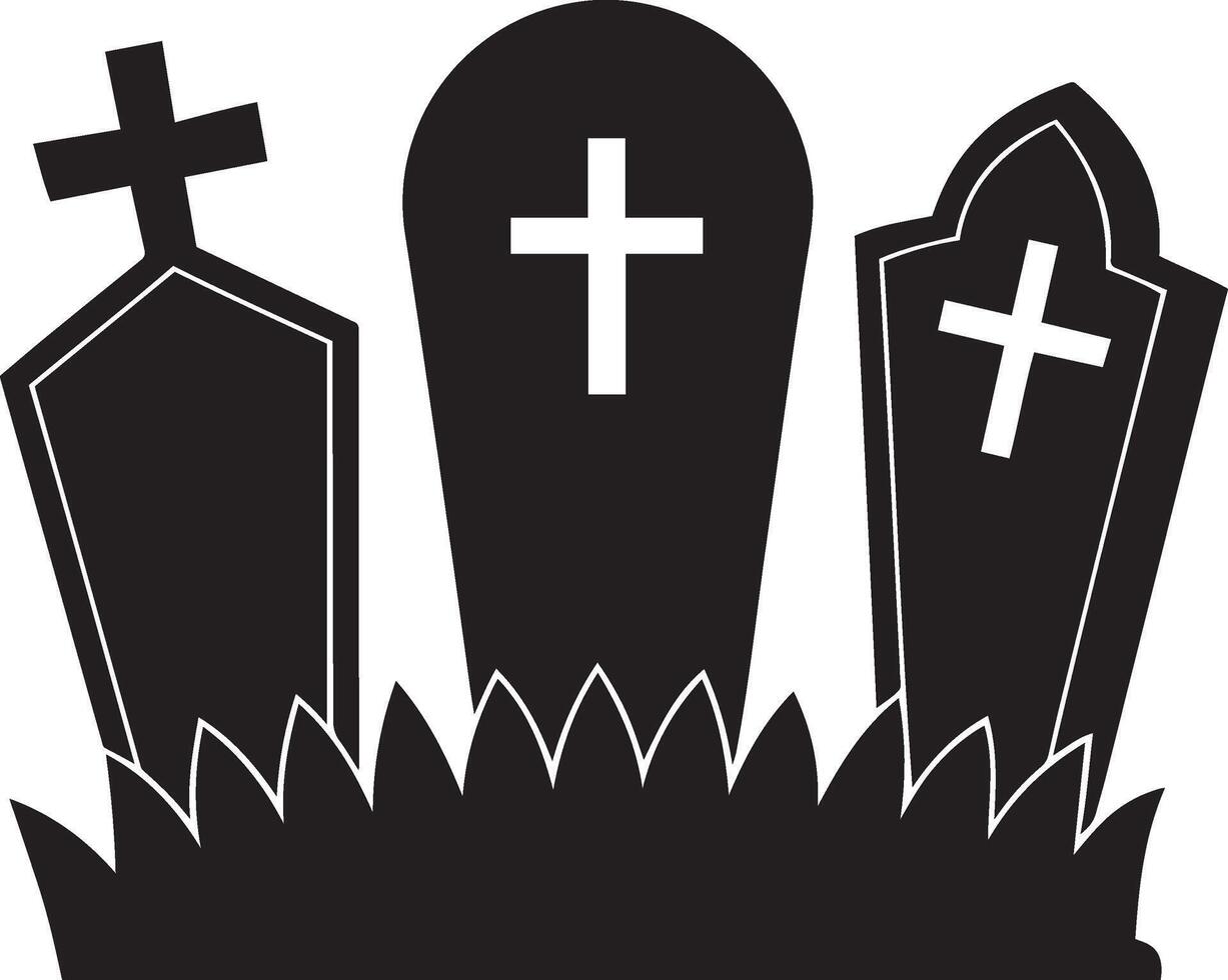 Black and white illustration of three tombstones in a grassy field ready for halloween.eps vector