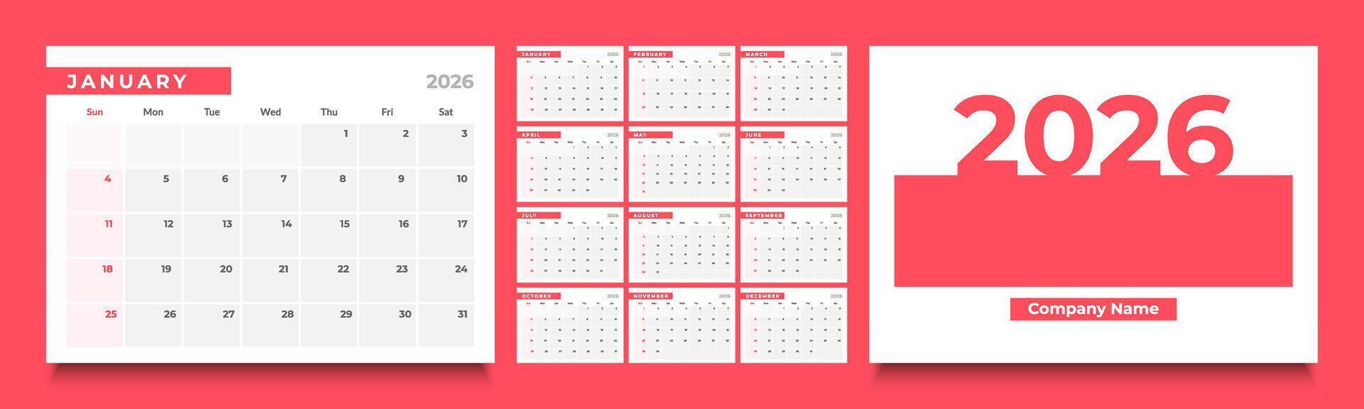 2026 monthly calendar layout with a clean diary planner format. vector