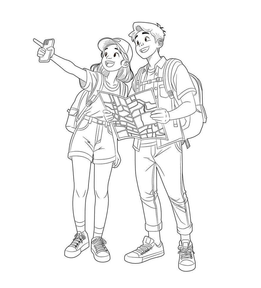 line art of couple travelers with backpack and map vector
