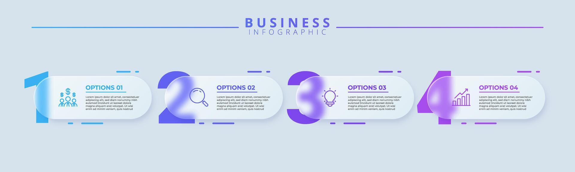 Infographic label template with four distinct steps and icons, designed for clear communication. Ideal for process charts, presentation slides, workflow diagrams, banners, and data visualizations. vector