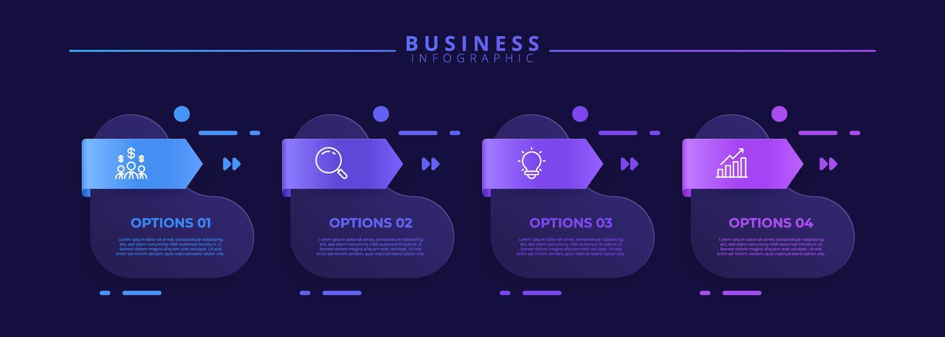 Four step infographic template with icon based visuals, tailored for business concepts. Perfect for use in presentations, banners, workflows, process charts, flow diagrams, and data visualization. vector