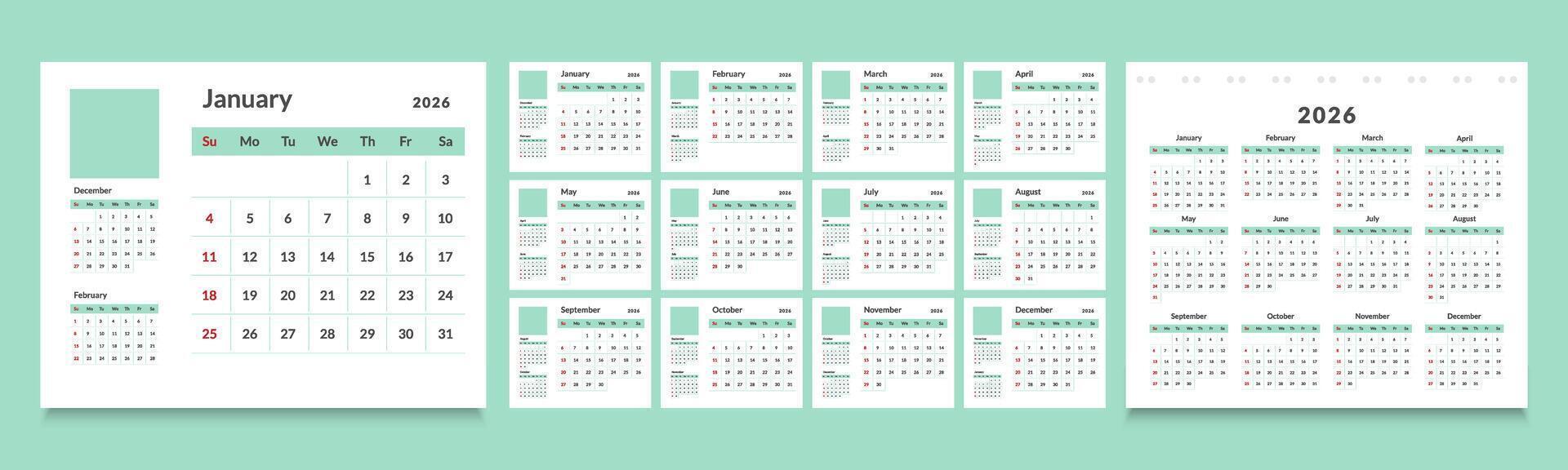 2026 monthly calendar layout with a clean diary planner format. Each month starts on Sunday, ideal for organizing schedules, events vector