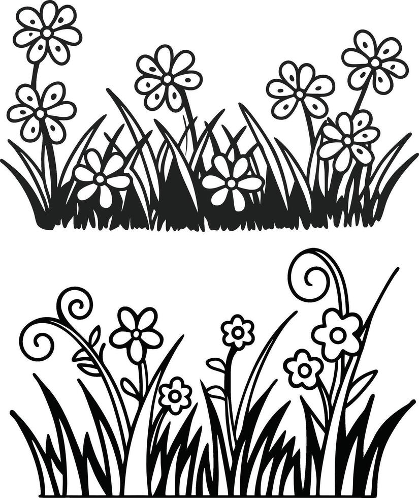 Black and White Floral and Grass Border and set of floral elements. vector