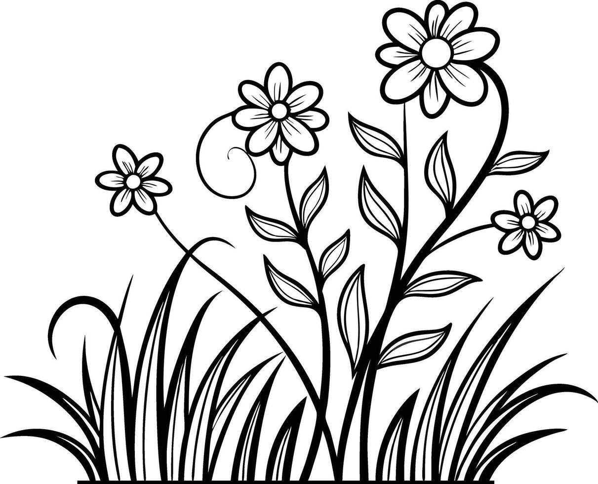 curly grass and flowers on white isolated background. vector