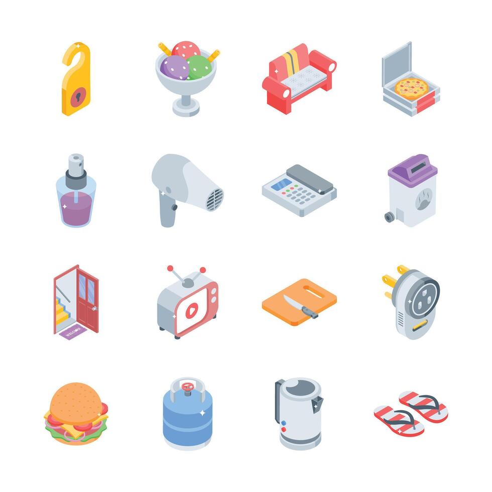 Check this premium collection of hospitality and restaurant isometric style icons vector