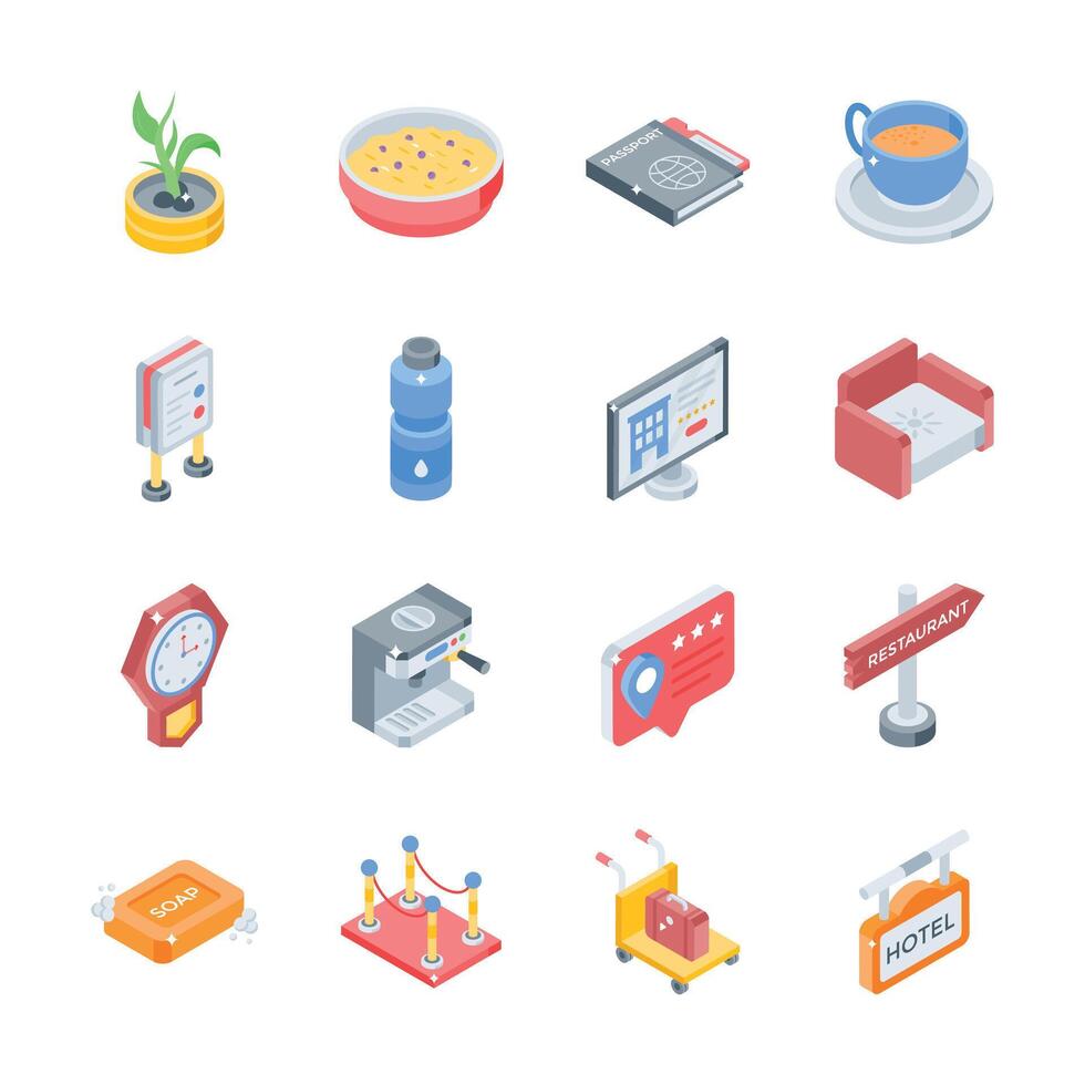 Easy to edit collection showing isometric style icons of hotel accessories vector