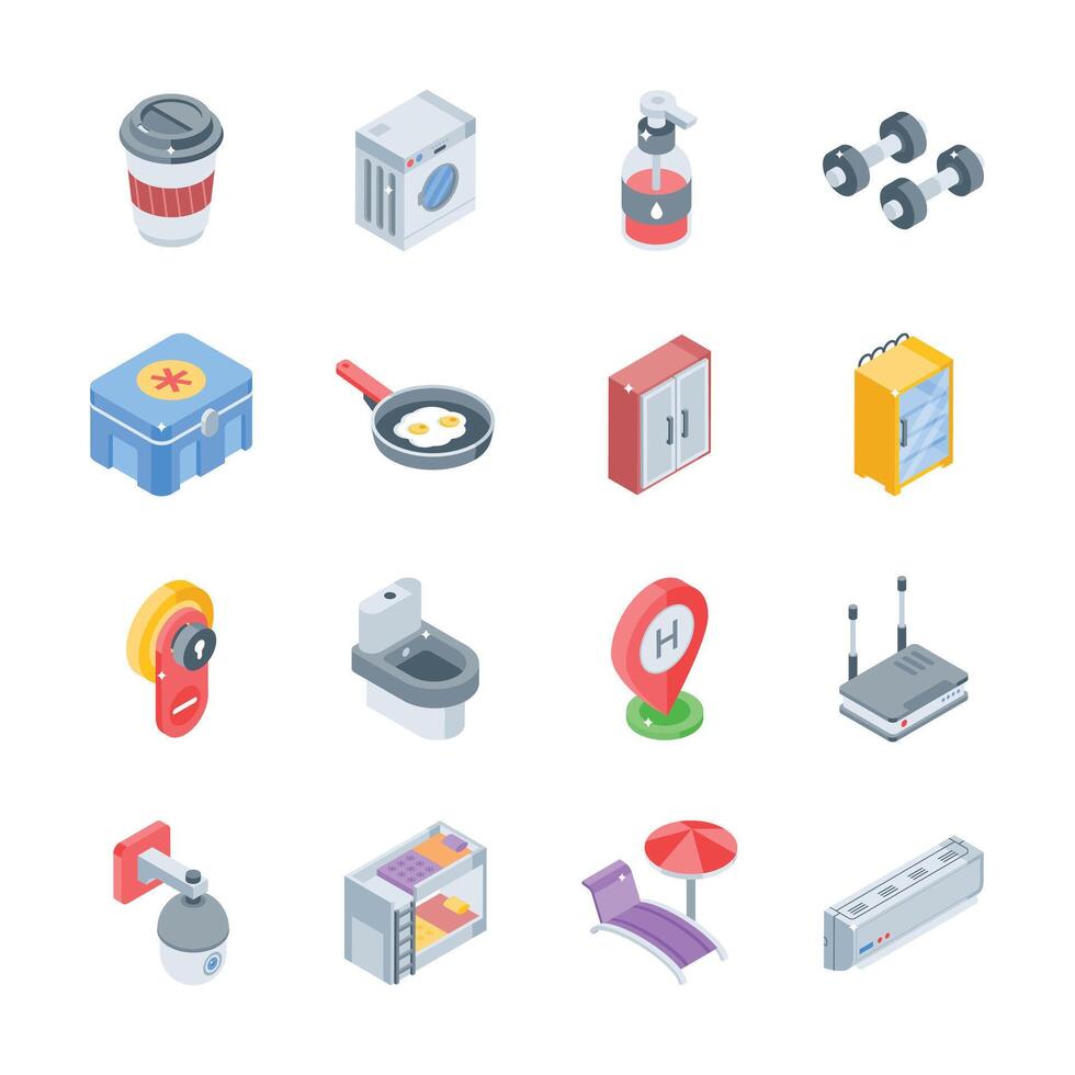 Grab this handy bundle depicting hotel and hospitality isometric style icons vector